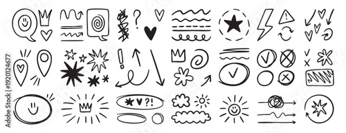 Swishes, sweeps, swoops doodle set, hand drawn highlight elements, calligraphy swirl retro flower heart, star crown for text emphasis