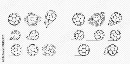 Set of hand-drawn soccer balls with motion effects, dynamic football illustrations for sports designs.