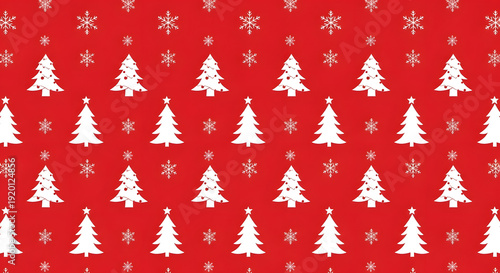  red Christmas wrapping paper design with a seamless repeat pattern of modern fir trees, 