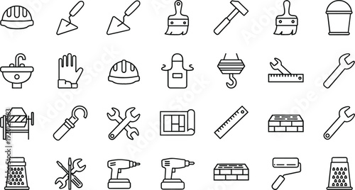 Construction tools and building materials line icon set with trowel drill helmet and brick symbols