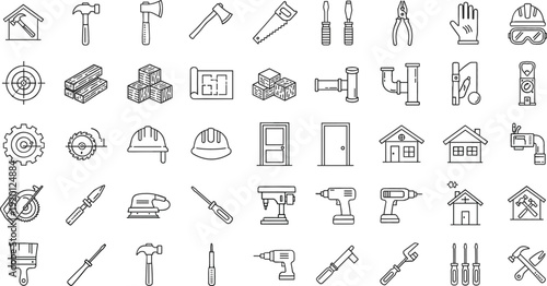 Construction tools and building equipment line icon set with hammer drill helmet and repair symbols