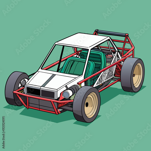 White Dune Buggy with Red Frame on Green Background