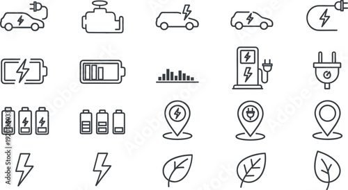 Electric vehicle charging and battery energy line icon set with EV car plug and eco symbols