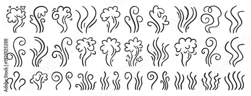 Hand drawn aroma vapor icons Smell line icon set hot aroma, cooking steam, smoke, odor and vapor doodles