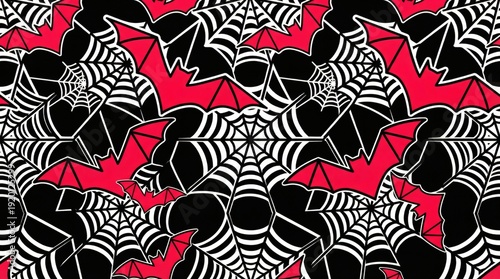 Red Bats and Spider Webs on Black Background - Bold Halloween Seamless Pattern Vector Illustration