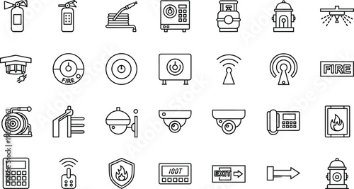Fire safety and security system line icon set with alarm extinguisher sprinkler and surveillance symbols