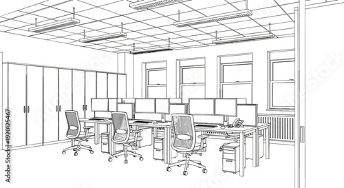 Architectural line drawing of open-plan office workstations with ergonomic chairs computer monitors and storage cabinets