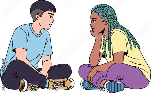 Diverse teenagers sitting cross-legged, talking and sharing ideas, youth friendship, casual communication, flat vector illustration, social interaction, and connection