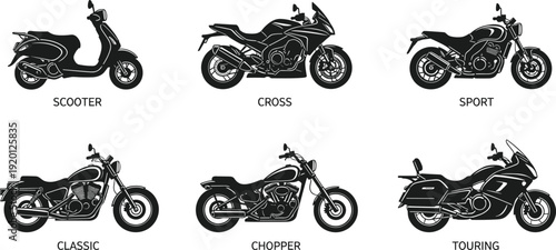 Motorcycle types vector illustration set featuring scooter, cross, sport, classic, chopper and touring bikes detailed collection design