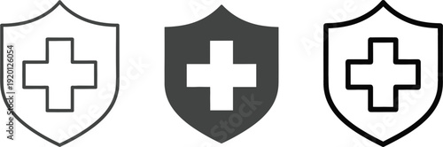 Medical shield cross icon set healthcare protection symbol outline solid vector illustration isolated on white background