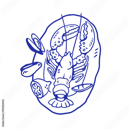 Lobster, seafood dish on plate, top view. Sea food meal served with lemon, Italian Mediterranean cuisine in Dolce vita outline scribble style. Flat vector illustration isolated on white background