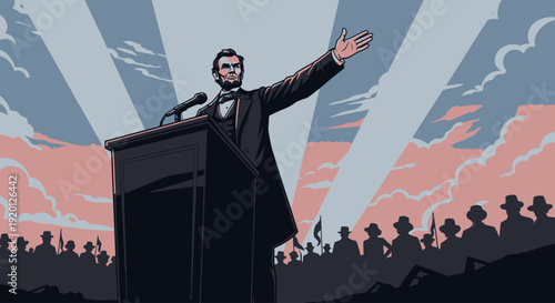 Man Speaking at Podium to Crowd.