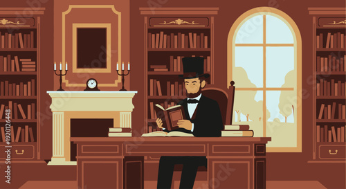 Man Reading Book at Desk in Study.