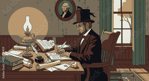 Man Writing at Desk with Quill Pen.