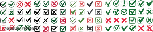 Check tick mark icon set. Cross box x check mark checkbox v list vector draw hand drawn sketch doodle Vector Illustration. Red, Green, Black color EPS