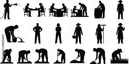 Farmer Silhouettes Collection Featuring People Gardening, Planting, Watering, Raking, Sorting Harvest, Agricultural Labor, Rural Farm Workers, and Outdoor Horticulture Activity Icons