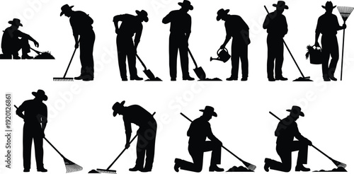 Farmer Silhouettes Collection Featuring Agricultural Workers Planting, Watering, Raking, Harvesting Orchard Fruit, Shoveling Soil, Pushing Wheelbarrow, and Manual Garden Labor Activities