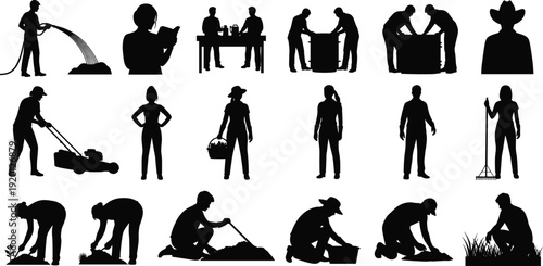 Farmer Gardener Silhouettes Collection Featuring People Planting Watering Mowing Lawn Harvesting and Working in Agriculture Horticulture and Outdoor Backyard Garden Activities