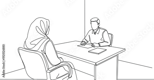 Continuous one line drawing of a job interview between an employer and candidate for recruitment concept