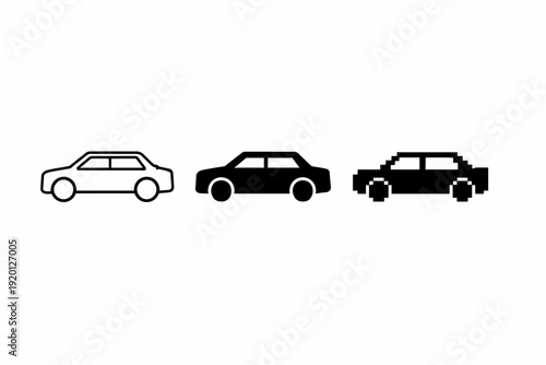 Line, solid, and pixel art car silhouettes in progression