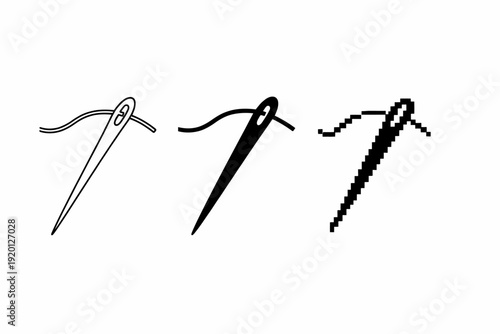Vector needle and thread icons: outline, filled, pixelated designs
