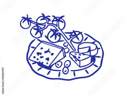 Cheese, tomato and olives, Italian snack on plate. Food in retro doodle style...