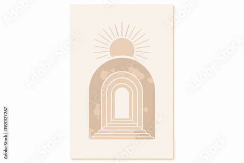 Minimalist abstract staircase with rising sun in earth tones