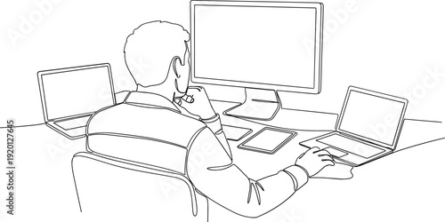 Continuous one line drawing of a man working with multiple computer screens for software developer concept
