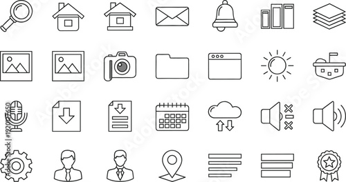 Web interface and office line icon set with search mail calendar user and media controls