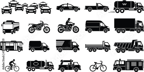Commercial and public transport vehicles vector icon set featuring cars, trucks, buses, motorcycles and bicycles silhouette collection