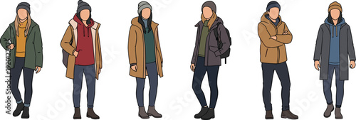 Collection of diverse people in winter outdoor clothing, wearing parkas, beanies, and jackets for cold weather fashion vector illustration