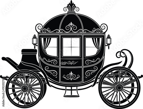 Vintage horse-drawn carriage silhouette illustration vector, ornate royal coach graphics, fairy tale ceremonial design concept, decorative art, black and white creative collection