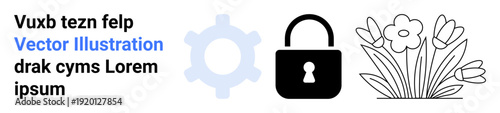 Technology, security, nature, engineering, safety, and design concepts. A gear, a lock and flowers outline. Technology and security with visual of engineering and safety