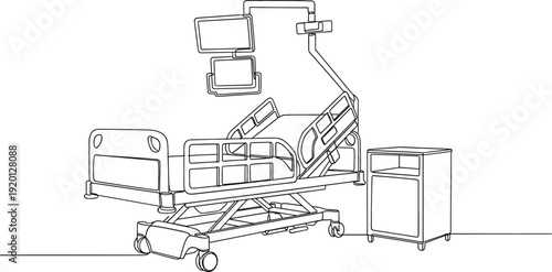 Continuous one line drawing of a modern ICU hospital bed with monitors for intensive medical care