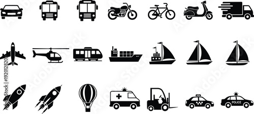 Comprehensive transportation icon set vector illustration featuring land, air and sea vehicles black silhouette collection design