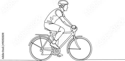 Continuous one line drawing of a person riding a bicycle for fitness and outdoor sports concept