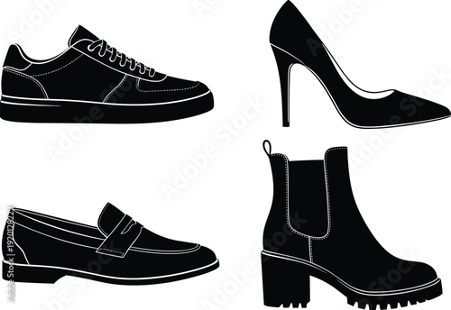 Footwear silhouettes illustration set with sneaker, high heel, loafer and ankle boot, fashion shoe vector graphics, stylish design concept, black and white art collection