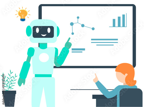 AI Robot Teaching Student Data Analysis On Screen Flat Vector Illustration