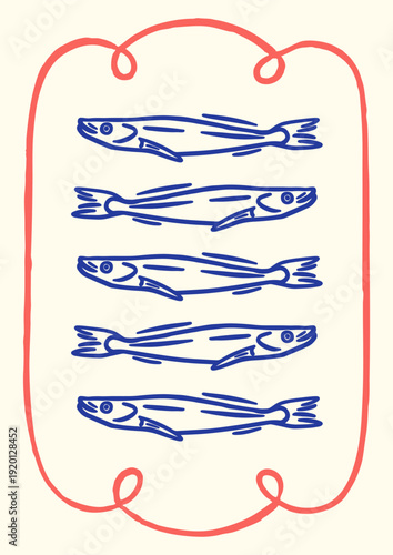Sardines in frame, retro doodle style poster. Dolce vita vintage card design with Italian sea food, fish. Outline sketch drawing, coastal mediterranean seafood. Flat vector illustration