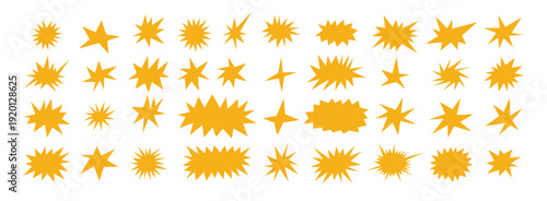 Starburst shapes set. Cute yellow collection of stars and sparkle doodle