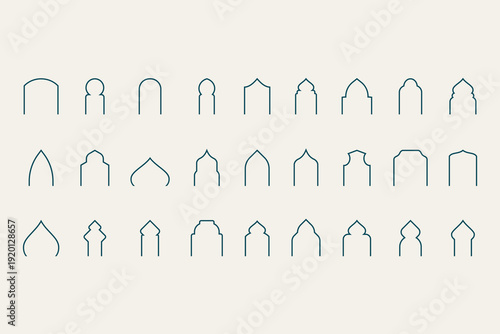 27 Minimalist Islamic Arch Line Art Set for Elegant Wedding Invitations and Architecture. Clean and modern outline islamic archway designs with open bottom, ideal for posters, luxury greeting cards