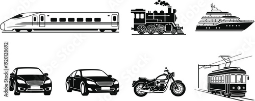 Transportation vehicle vector set with high speed train, steam locomotive, yacht, cars, motorcycle and tram silhouette illustration