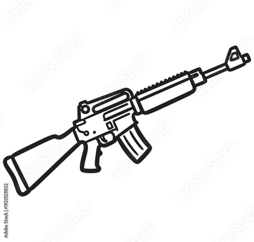 Black and white illustration of an assault rifle outlined on a clean white background