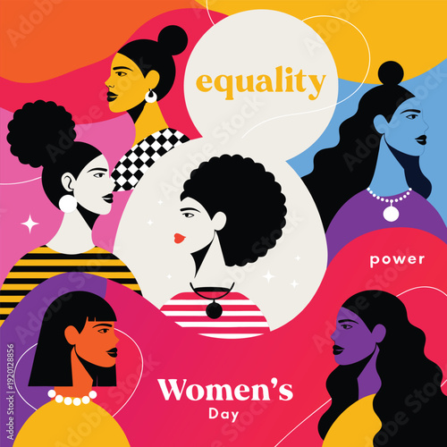 International women's day graphic with diverse women portraits, showcasing equality and power, celebrating global women's contributions