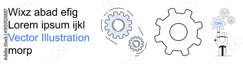 Engineering, technology innovation, automation systems, robotics development, machine learning, industrial design. Illustration of interlocking gears and a robotic hand with symbols. Engineering