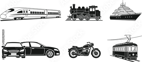 Transport vehicles vector illustration set featuring train, steam locomotive, yacht, car, motorcycle and tram black silhouette collection