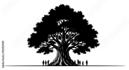 A silhouetted large tree dominates the scene with small figures gathered at its base high quality