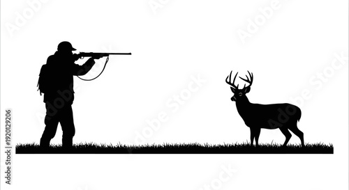 A silhouetted hunter aims a rifle at a majestic deer standing in grassy terrain high quality