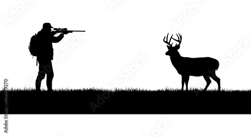 A silhouetted hunter aims a rifle at a majestic buck deer in a grassy field