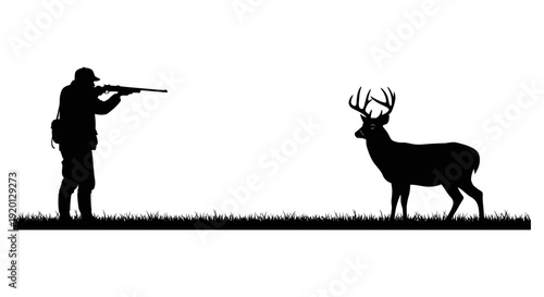 A silhouetted hunter aims a rifle at a majestic buck deer in a grassy field
